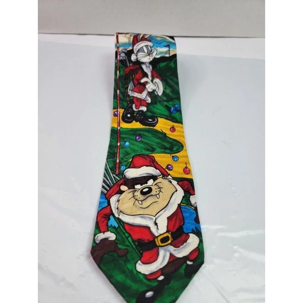 Vintage Looney Tunes Christmas Golf Silk Tie Taz Bugs Bunny Santa 1996 Holiday